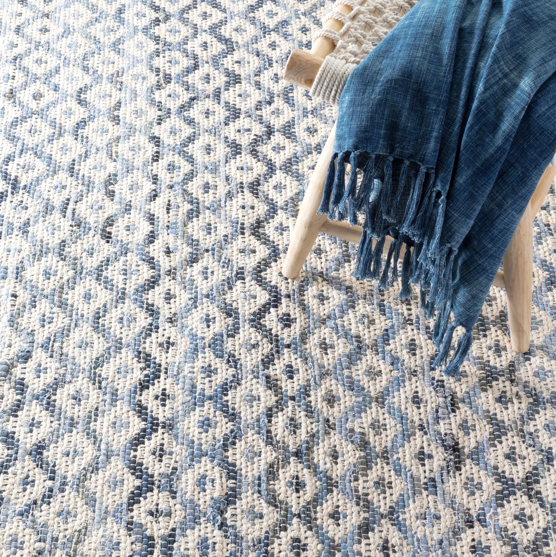 Denim Rag Diamond Ivory Handwoven Cotton Rug
